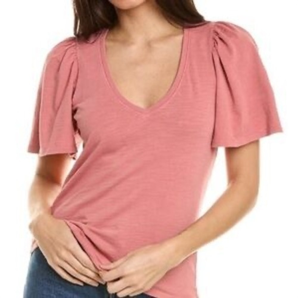 Nation LTD Nancy Puff Sleeve Tee Women XS Pink V Neck Cotton Knit Top Preppy
